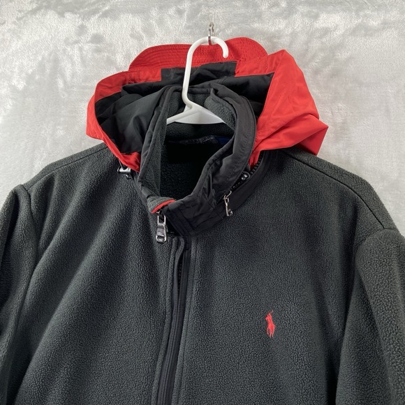 Polo Ralph Lauren Jacket men's Large Fleece Full Zip Packable Hood Bomber Black - Picture 2 of 16
